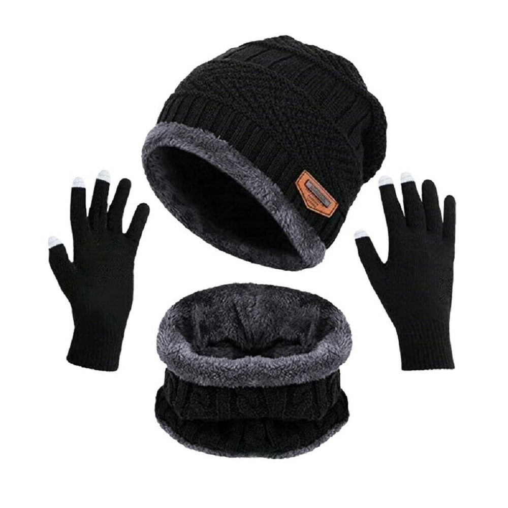 Beanie Hat Scarf Touch Screen Gloves Set for Men and Women