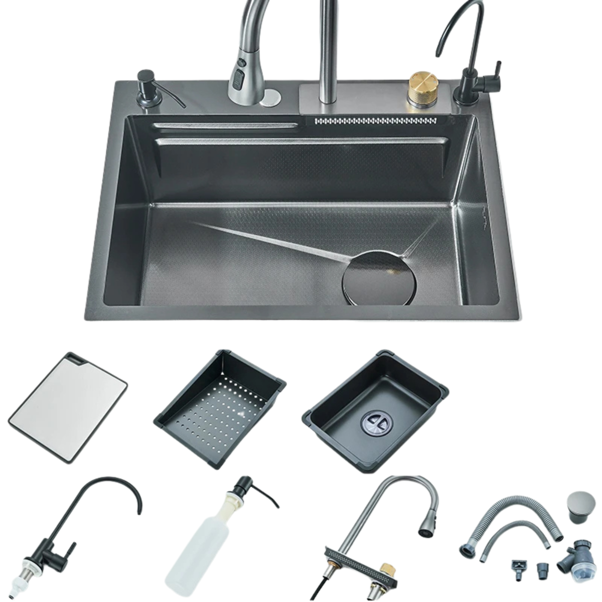 Stainless Waterfall Kitchen Sink - Single Bowl with Integrated Faucet Soap and Cup Washer