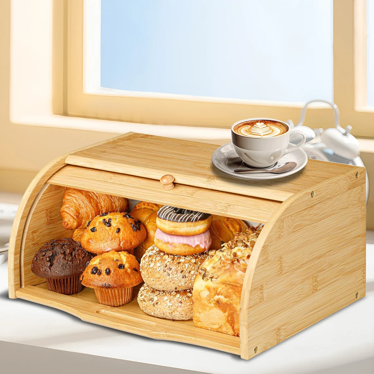 Premium Bamboo Bread Box Storage and Organizer