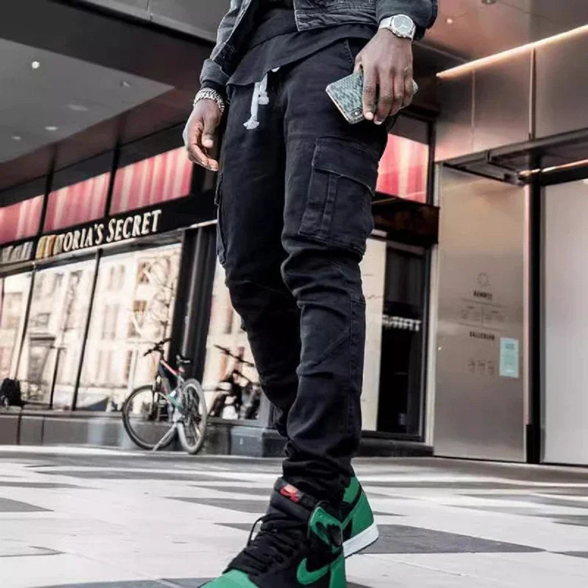Men's Elastic Denim Cargo Joggers - Slim Fit Multi-Pocket Mid-Waist Casual Pants