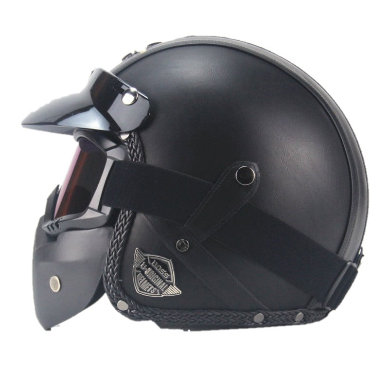 Vintage PU Leather Motorcycle Crash Helmet Biker with Visor Mask Goggles