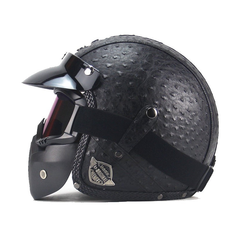 Vintage PU Leather Motorcycle Crash Helmet Biker with Visor Mask Goggles