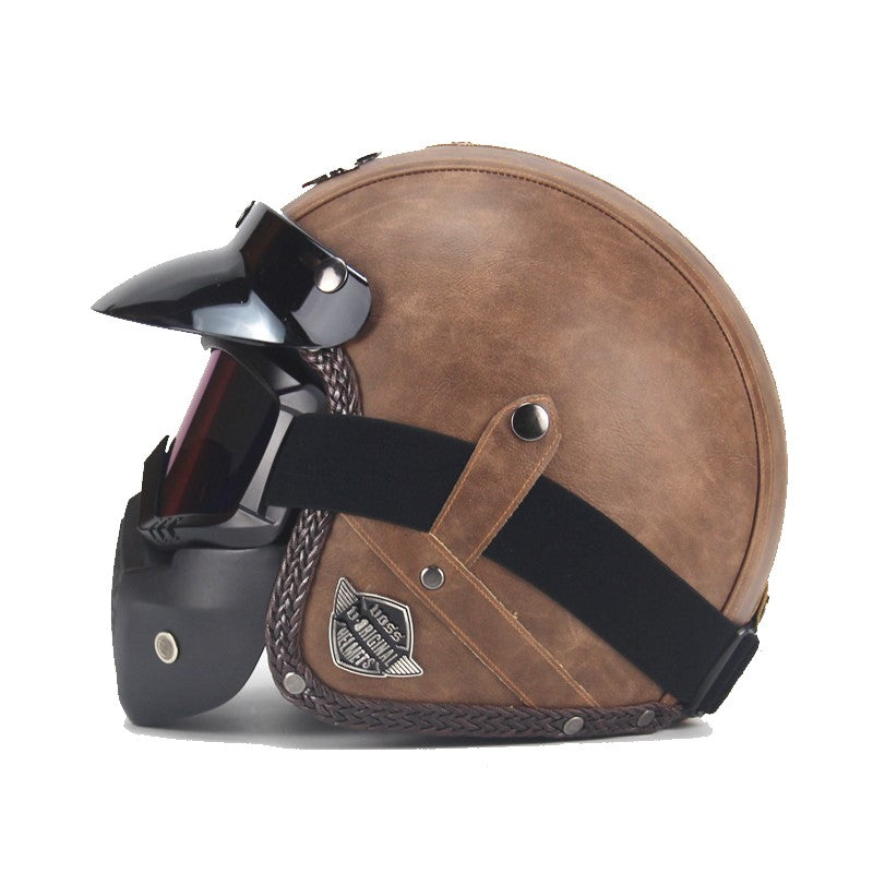 Vintage PU Leather Motorcycle Crash Helmet Biker with Visor Mask Goggles