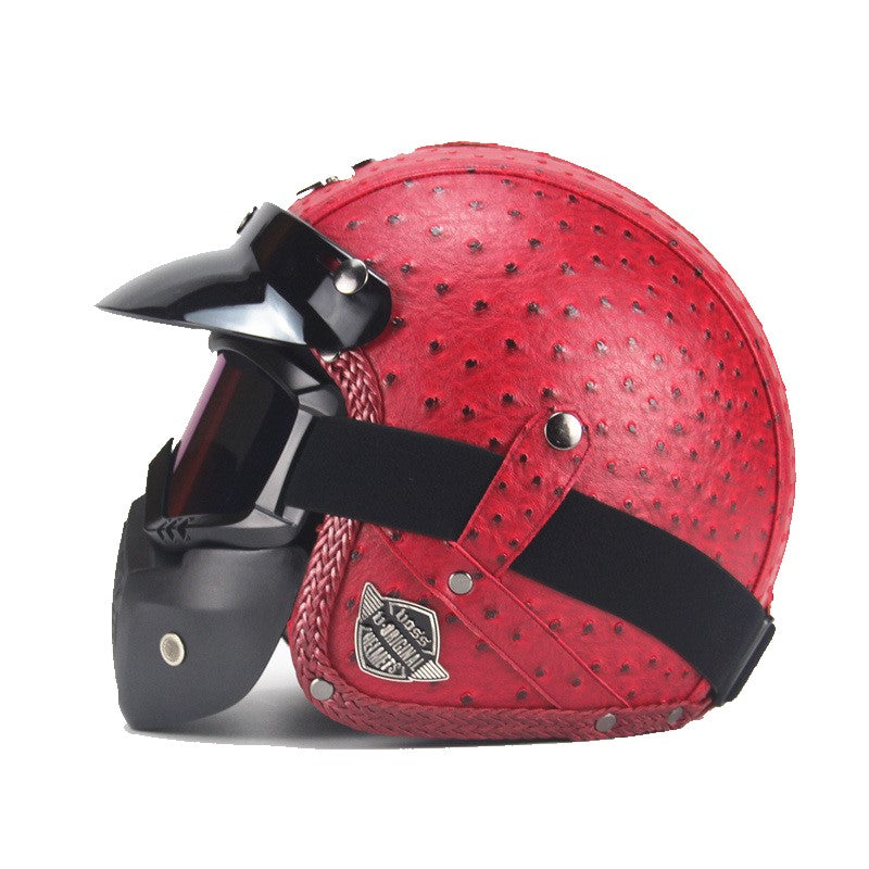 Vintage PU Leather Motorcycle Crash Helmet Biker with Visor Mask Goggles