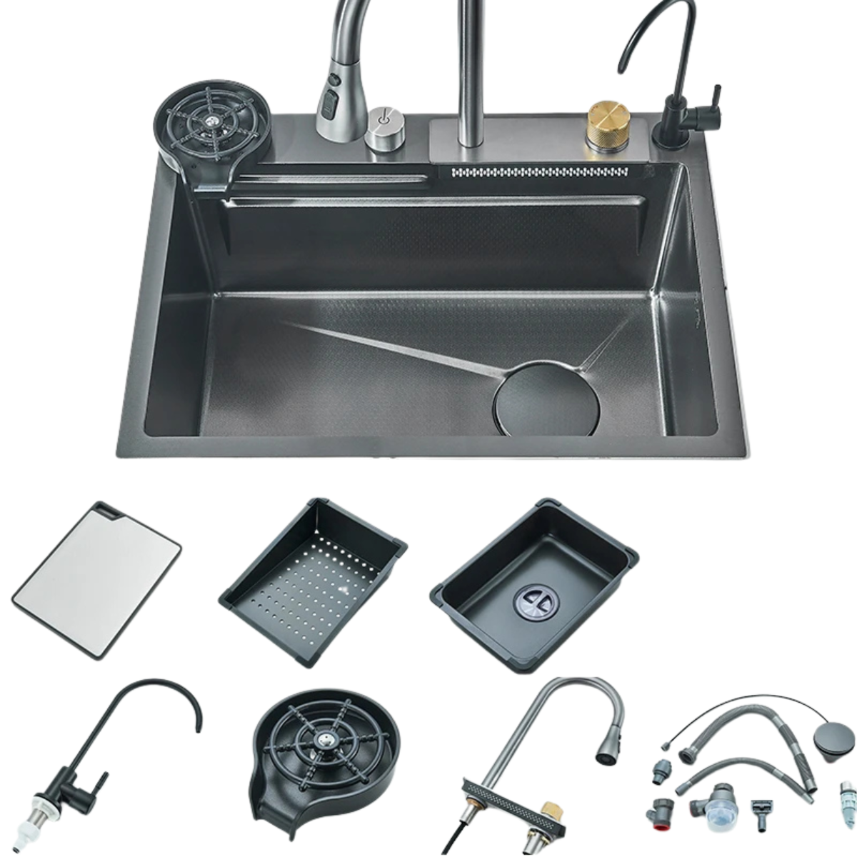 Stainless Waterfall Kitchen Sink - Single Bowl with Integrated Faucet Soap and Cup Washer