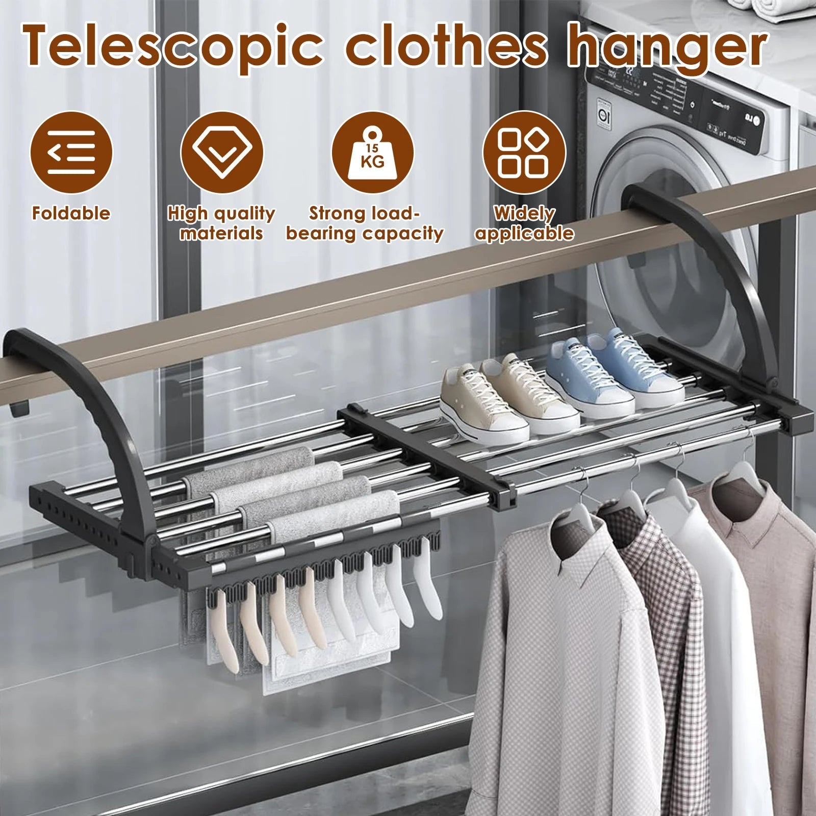Portable Folding Balcony Drying Rack - Retractable with Sock Clips