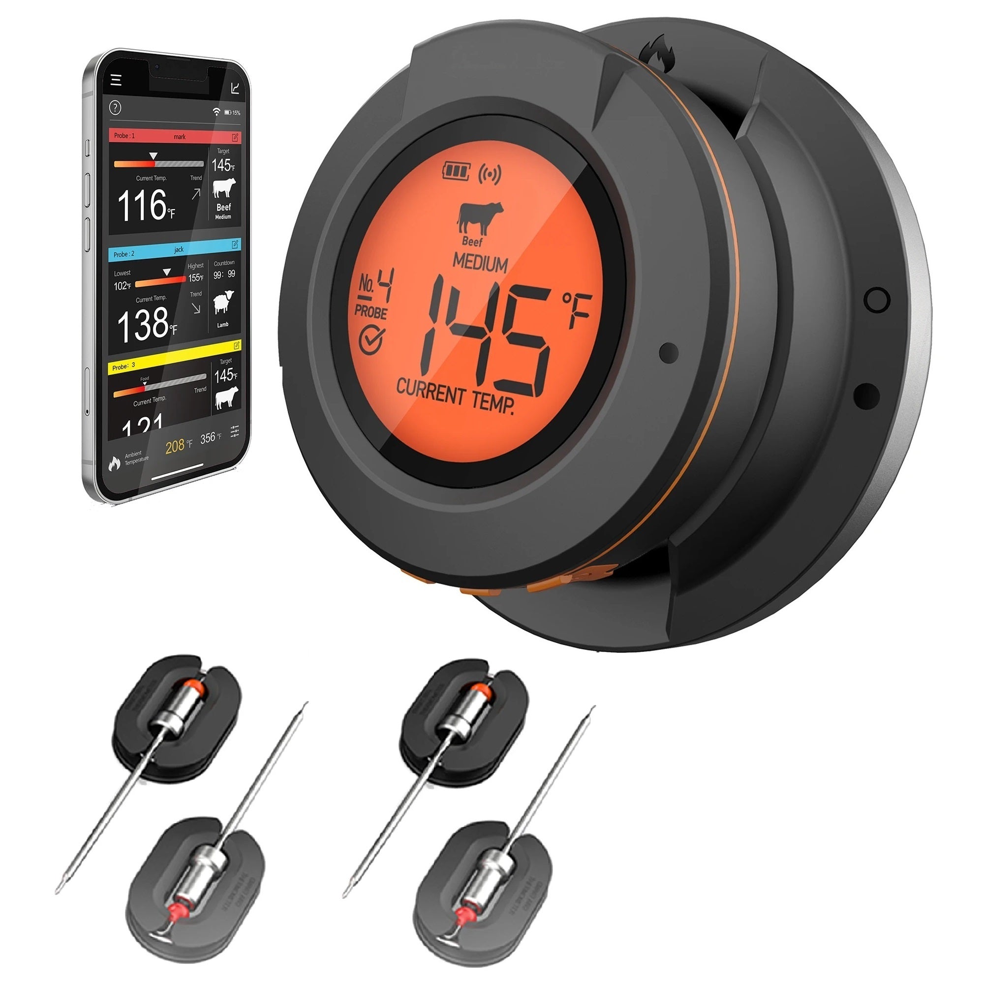 Wireless Bluetooth Meat Thermometer - 2/4-Probe App-Controlled Bbq Oven Grill