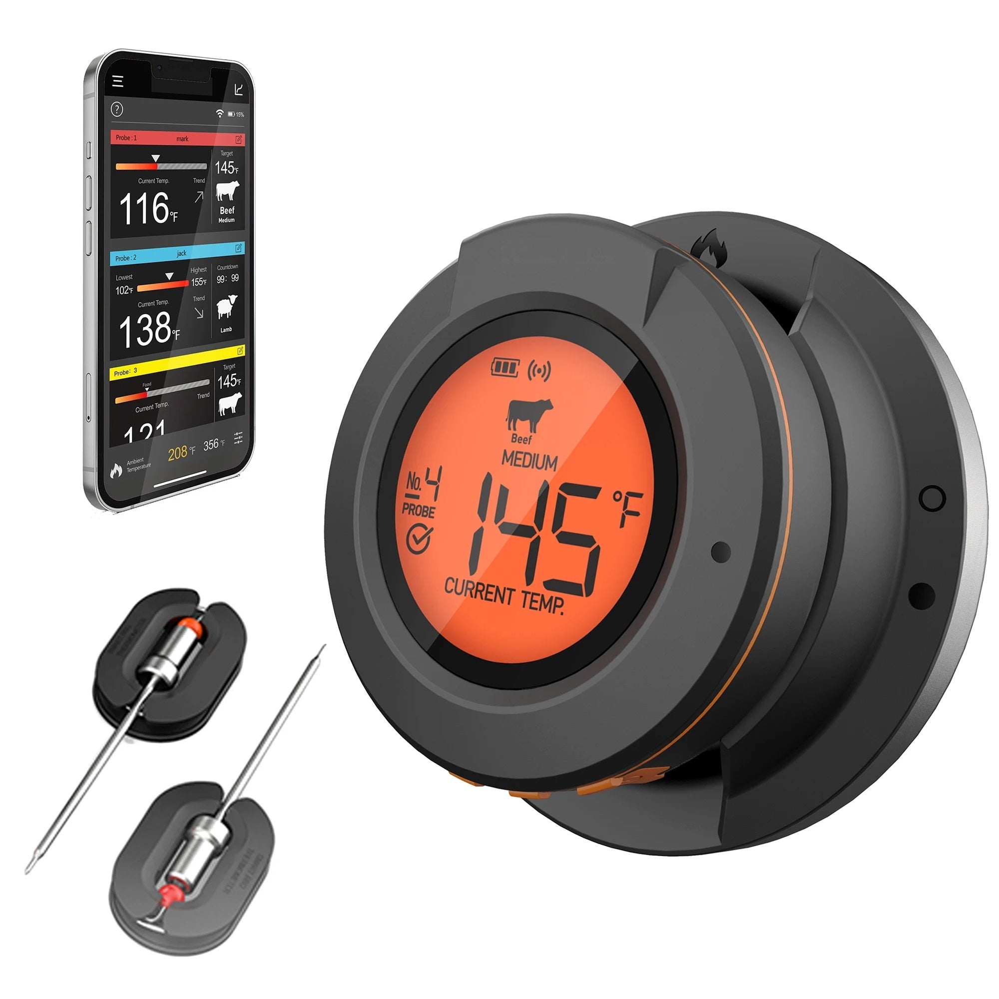 Wireless Bluetooth Meat Thermometer - 2/4-Probe App-Controlled Bbq Oven Grill