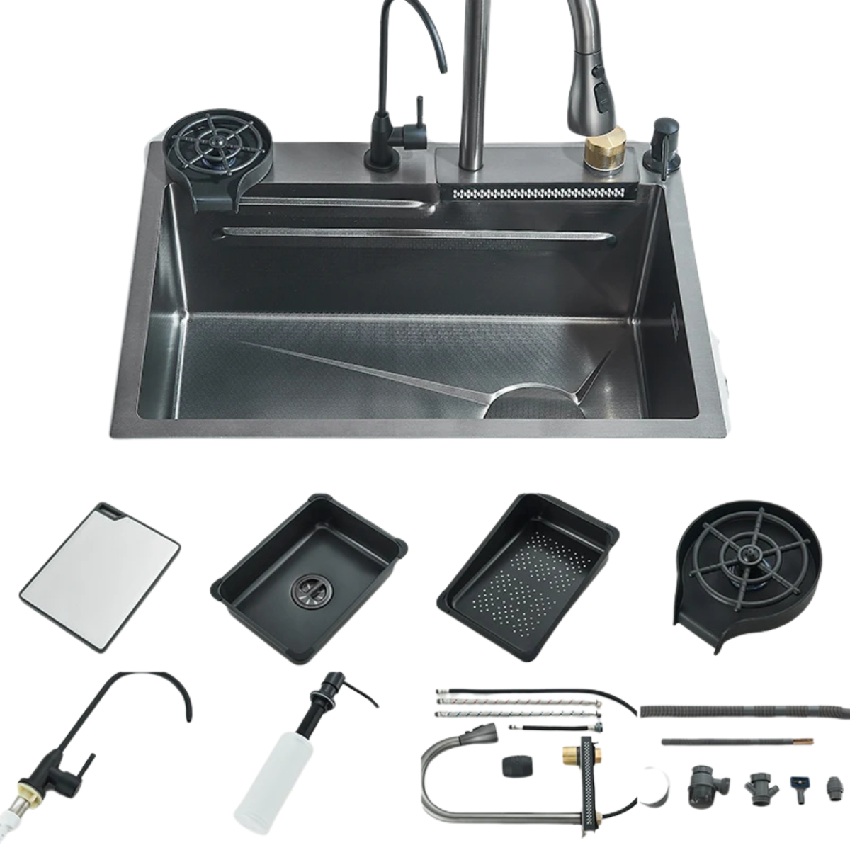 Stainless Waterfall Kitchen Sink - Single Bowl with Integrated Faucet Soap and Cup Washer