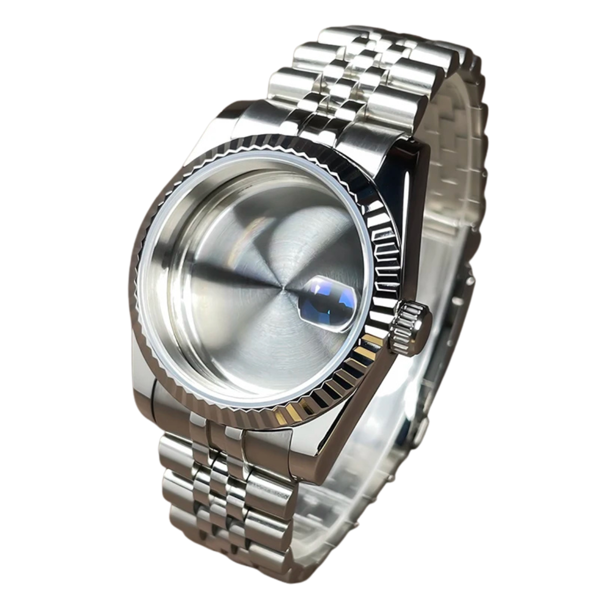 Fluted Bezel Watch Case - Stainless Steel with Sapphire Glass