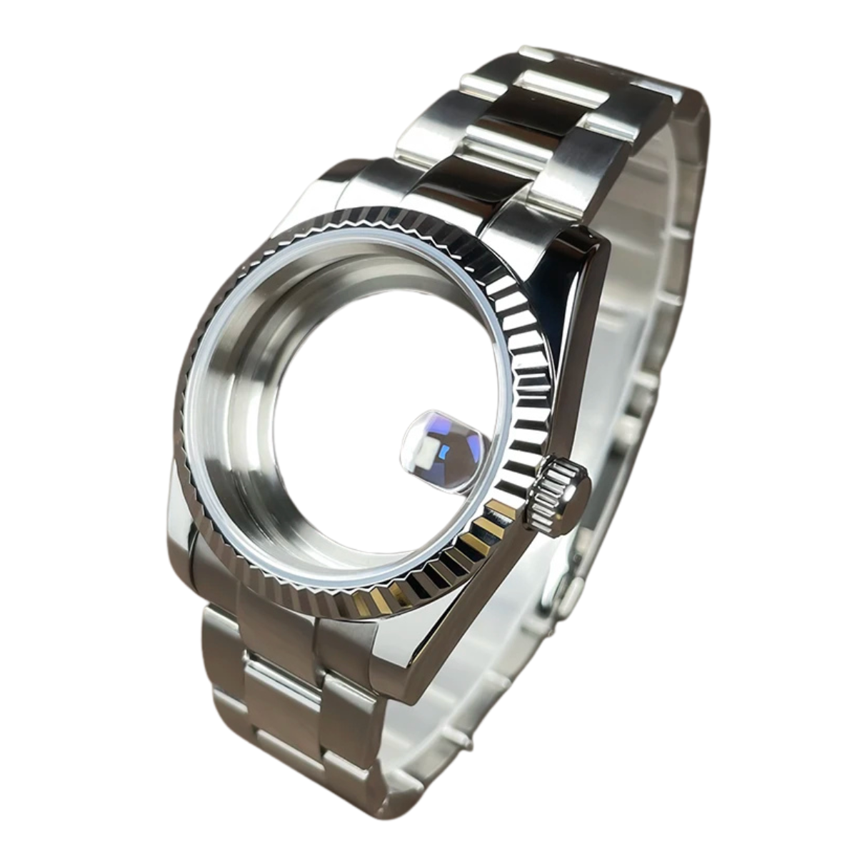 Fluted Bezel Watch Case - Stainless Steel with Sapphire Glass