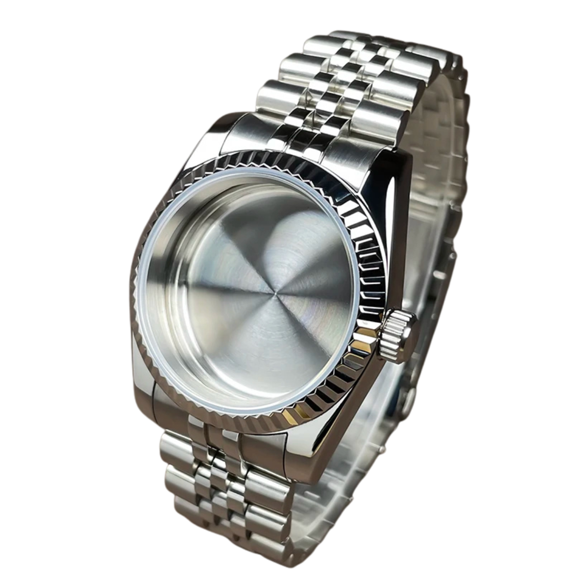 Fluted Bezel Watch Case - Stainless Steel with Sapphire Glass