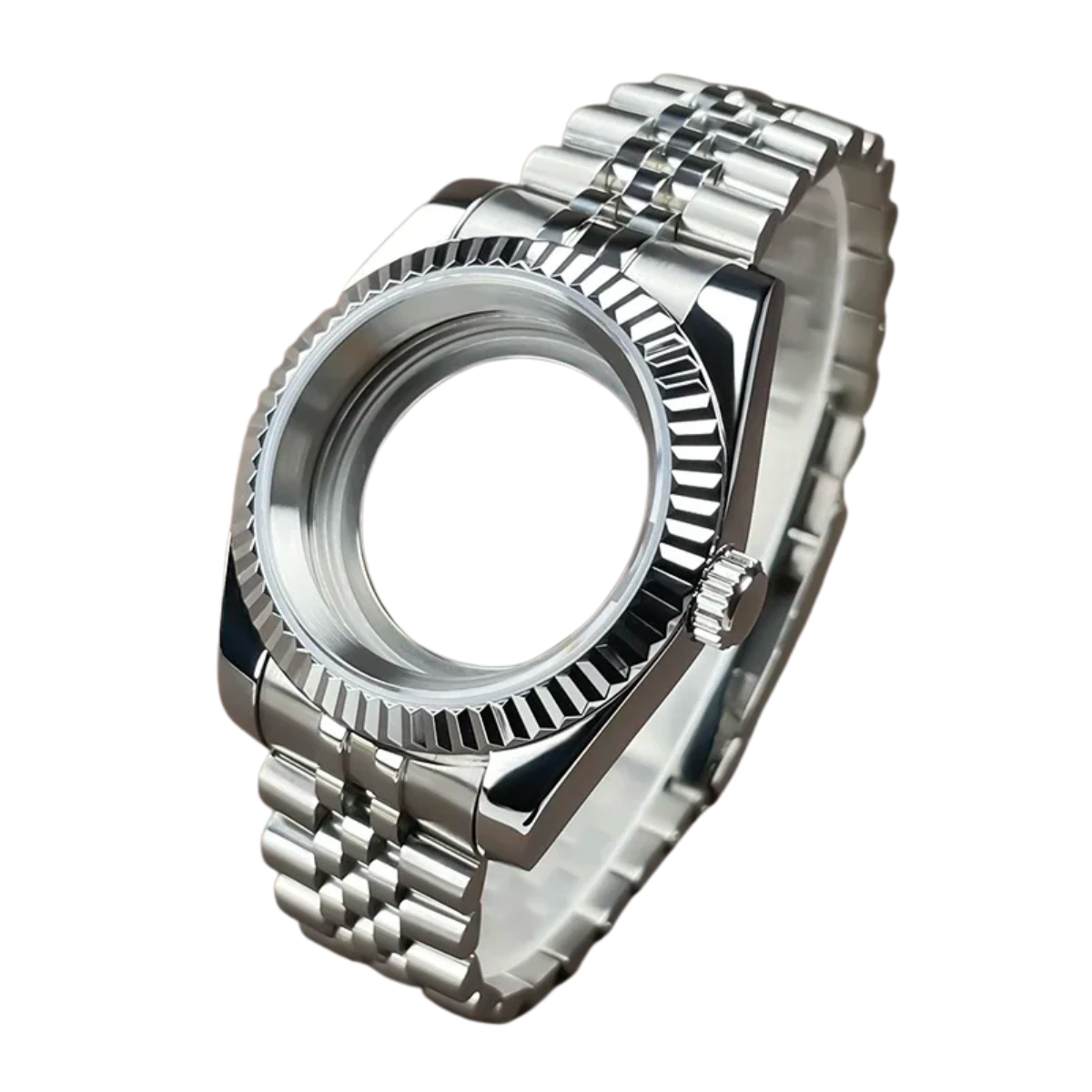 Fluted Bezel Watch Case - Stainless Steel with Sapphire Glass