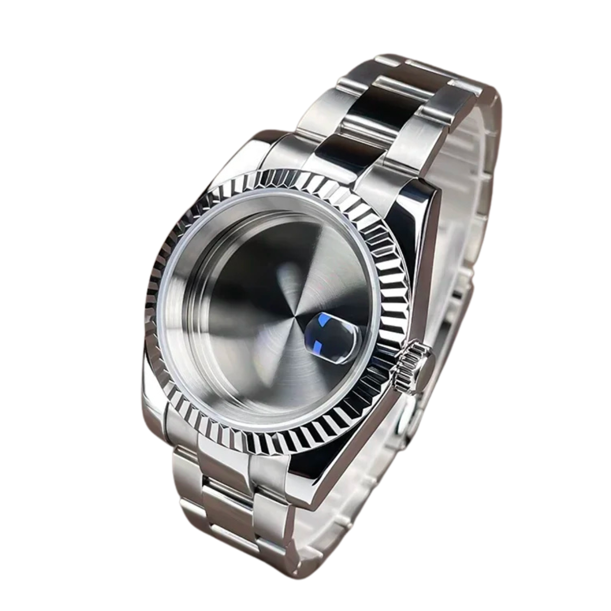 Fluted Bezel Watch Case - Stainless Steel with Sapphire Glass