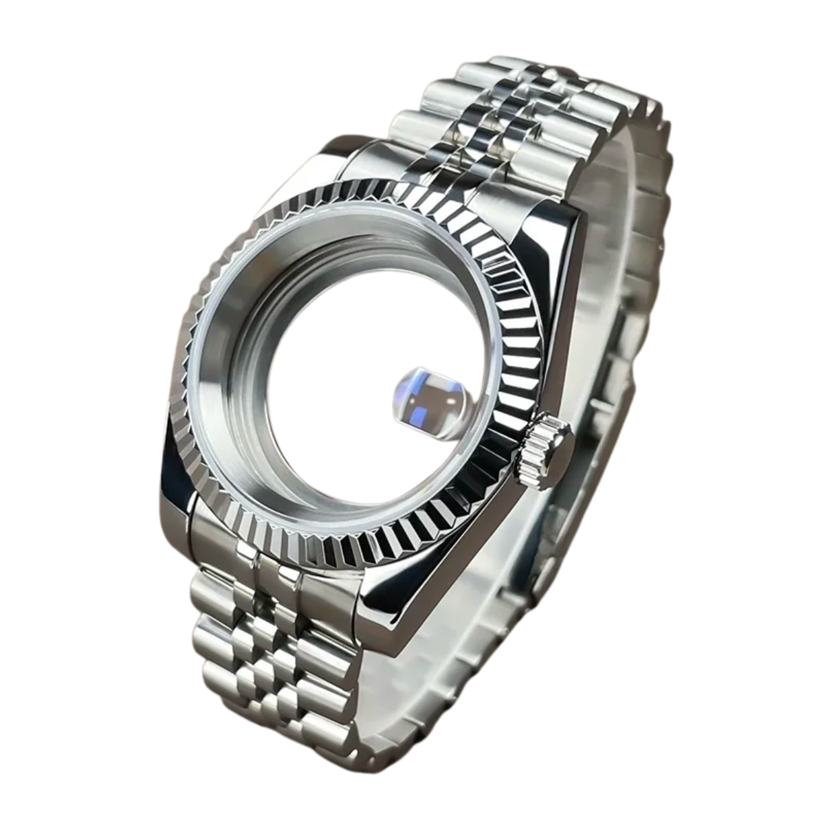 Fluted Bezel Watch Case - Stainless Steel with Sapphire Glass