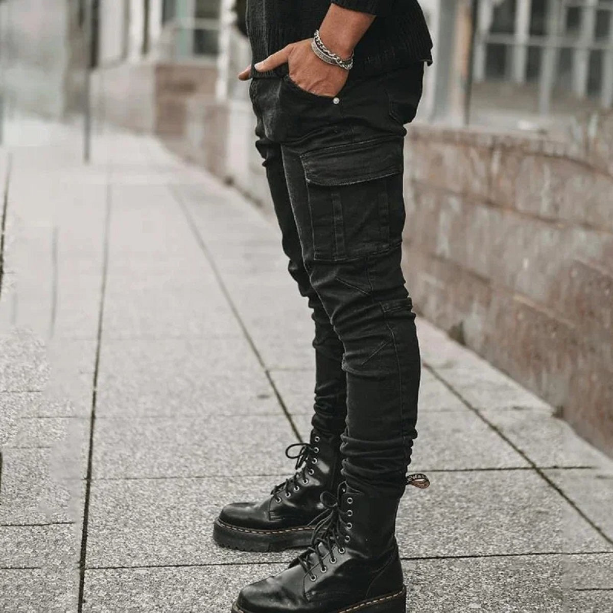 Men's Elastic Denim Cargo Joggers - Slim Fit Multi-Pocket Mid-Waist Casual Pants