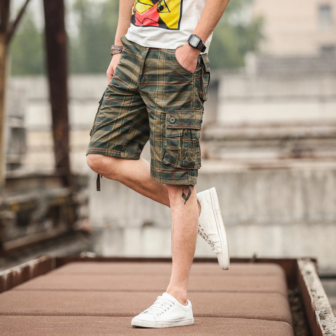 Men's Plaid Beach Shorts - Casual Summer Military-Style Short Pants