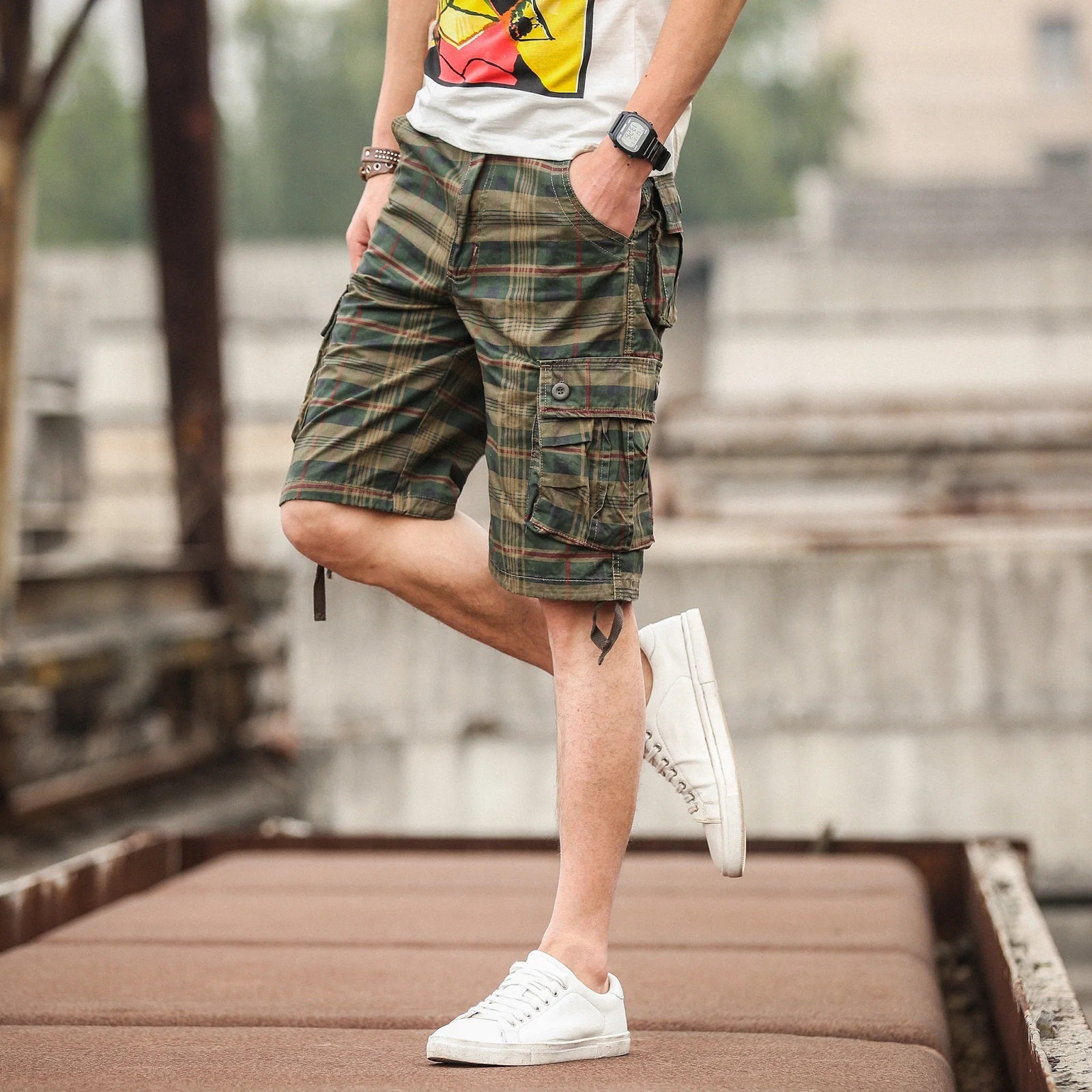 Men's Plaid Beach Shorts - Casual Summer Military-Style Short Pants