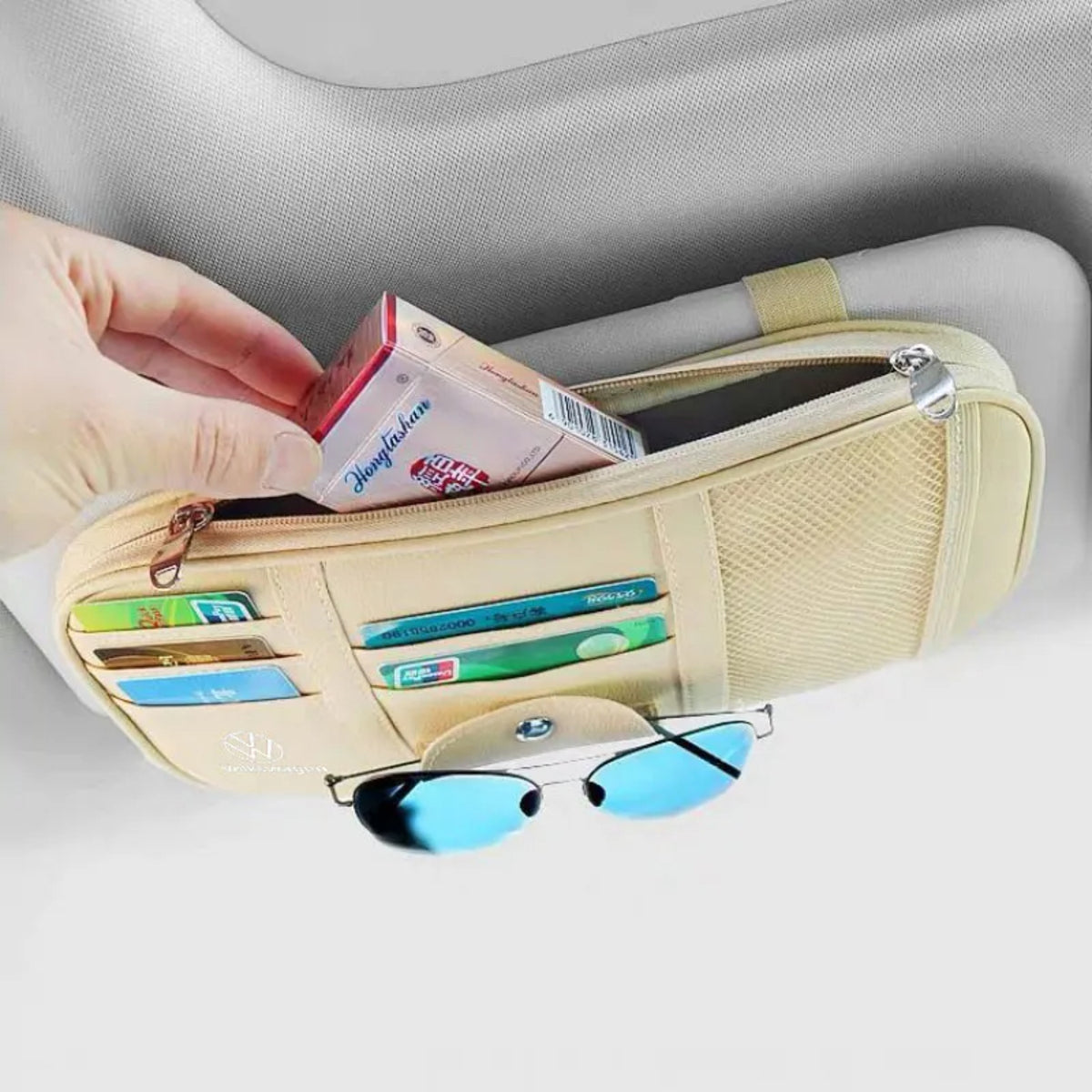 Car Sun Visor Organiser - Sunglasses Holder and Zip Pocket