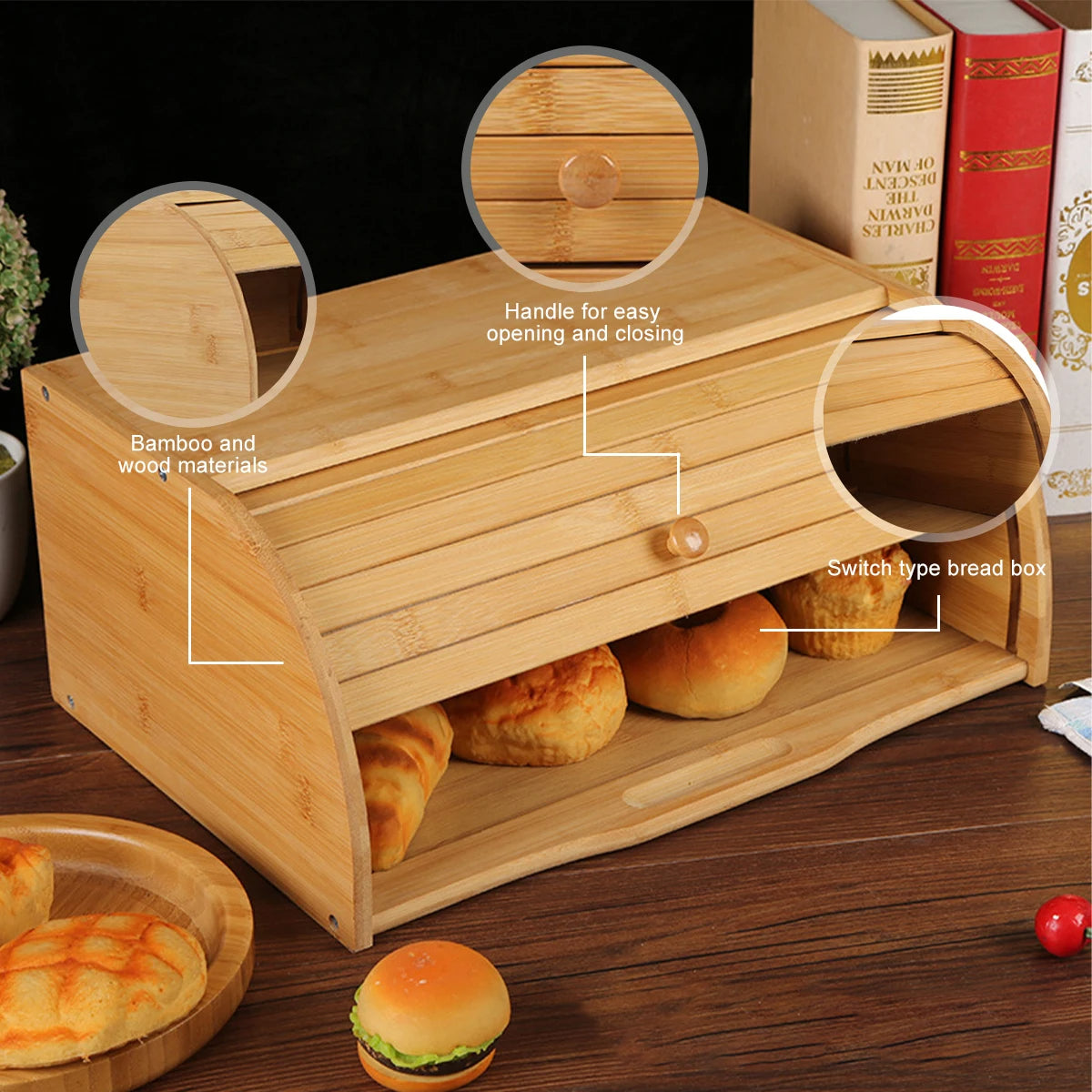 Premium Bamboo Bread Box Storage and Organizer