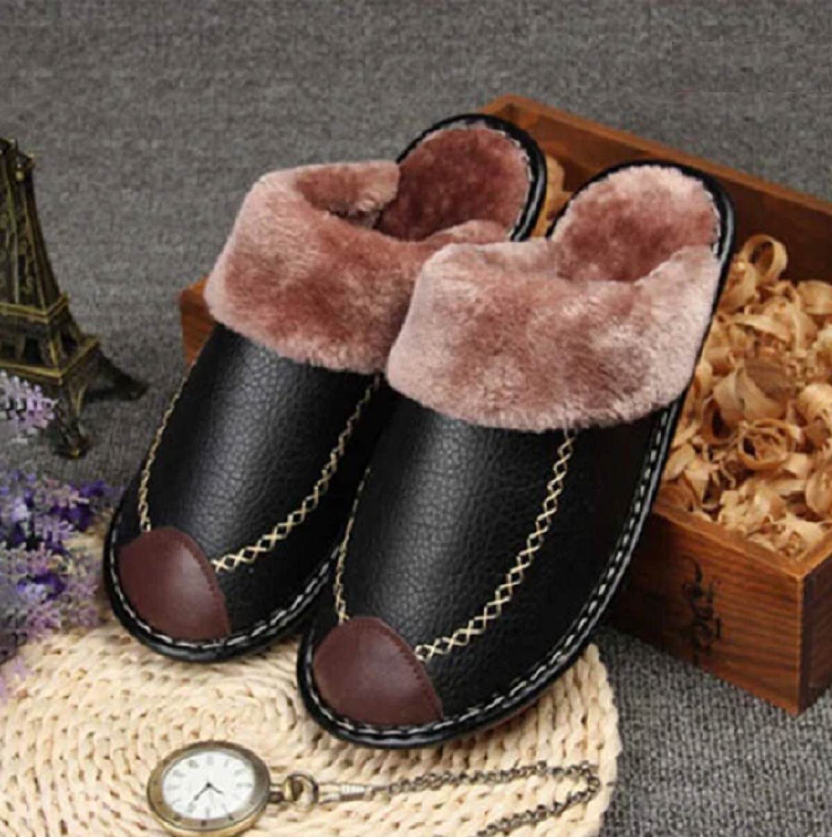 Men's Winter Warm Thick Plus Velvet Leather Slippers