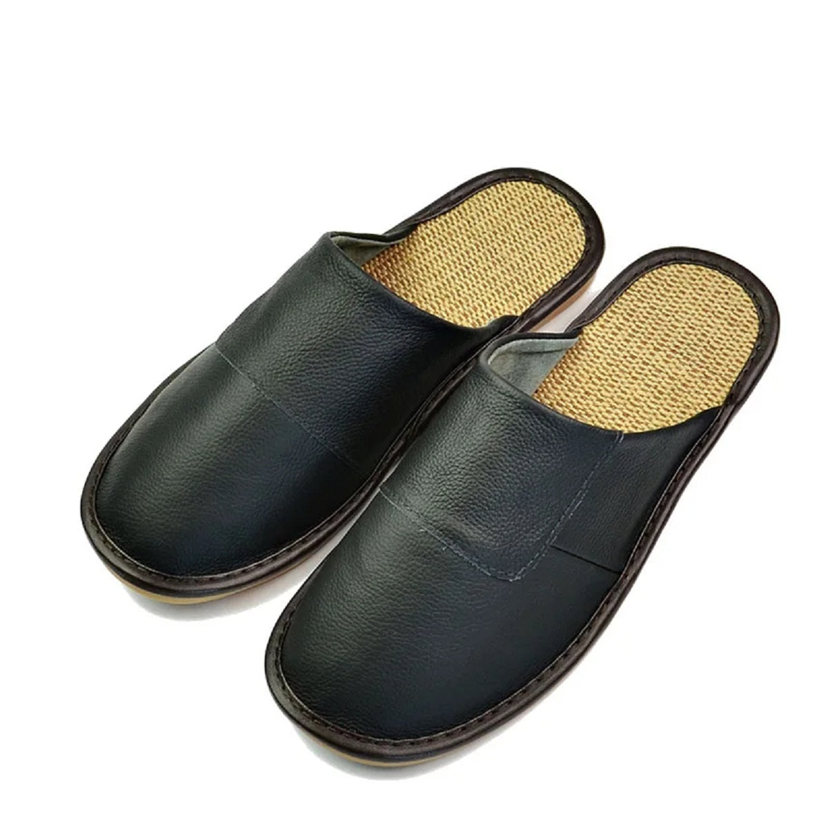 Men's Genuine Leather Linen Bottom Flat Slippers