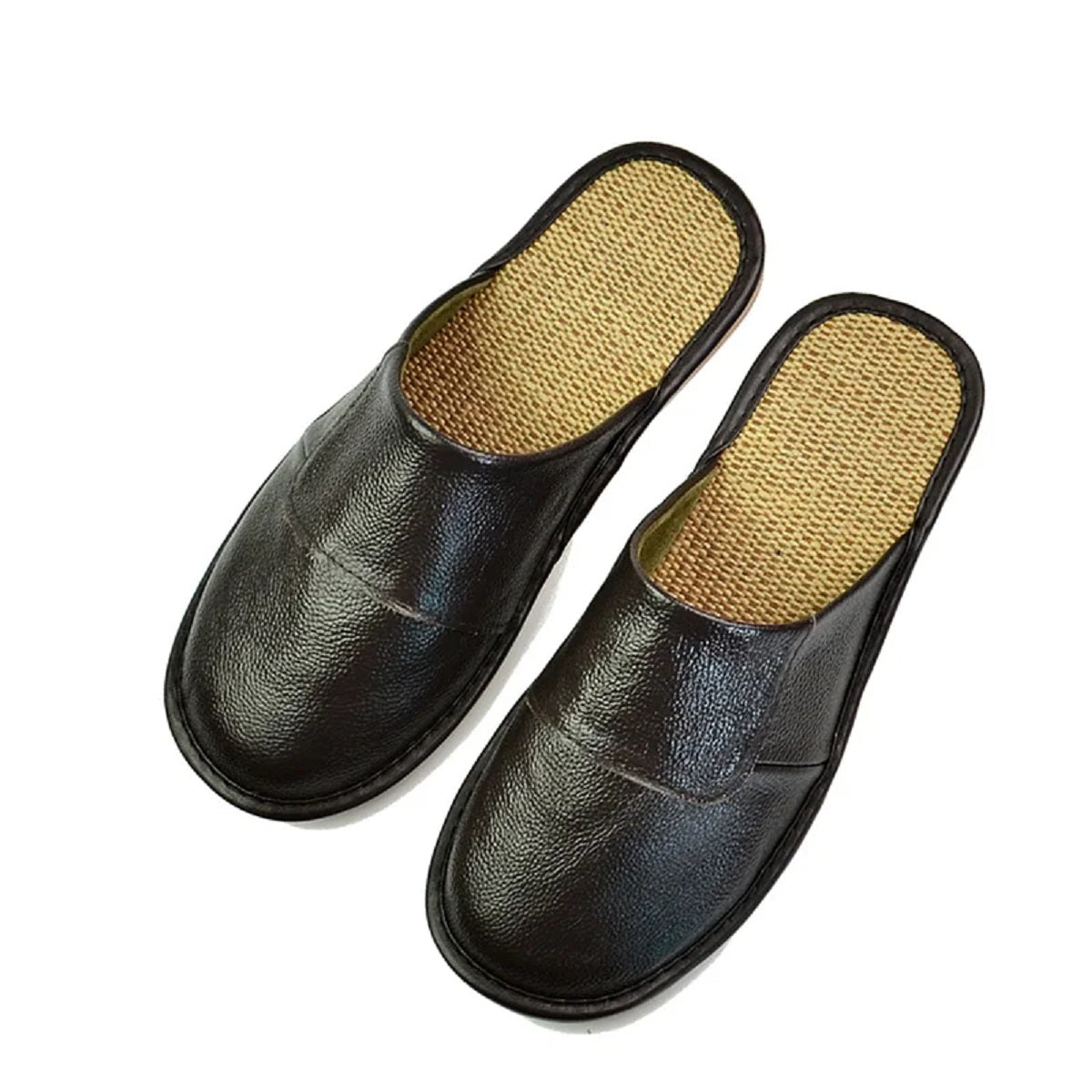Men's Genuine Leather Linen Bottom Flat Slippers