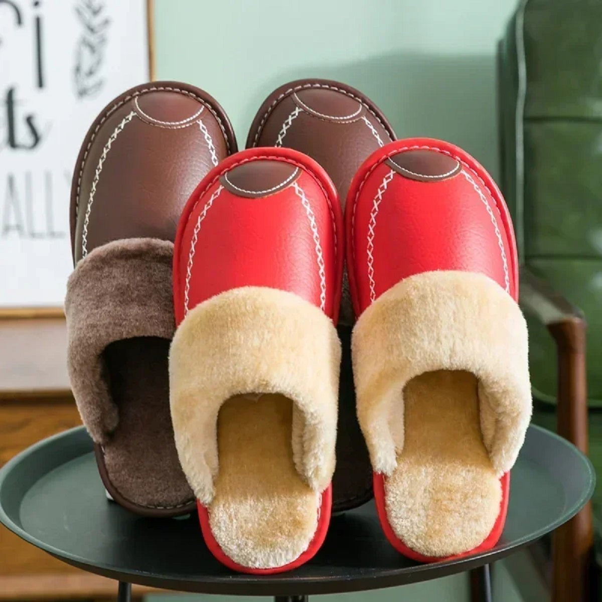 Men's Winter Warm Thick Plus Velvet Leather Slippers