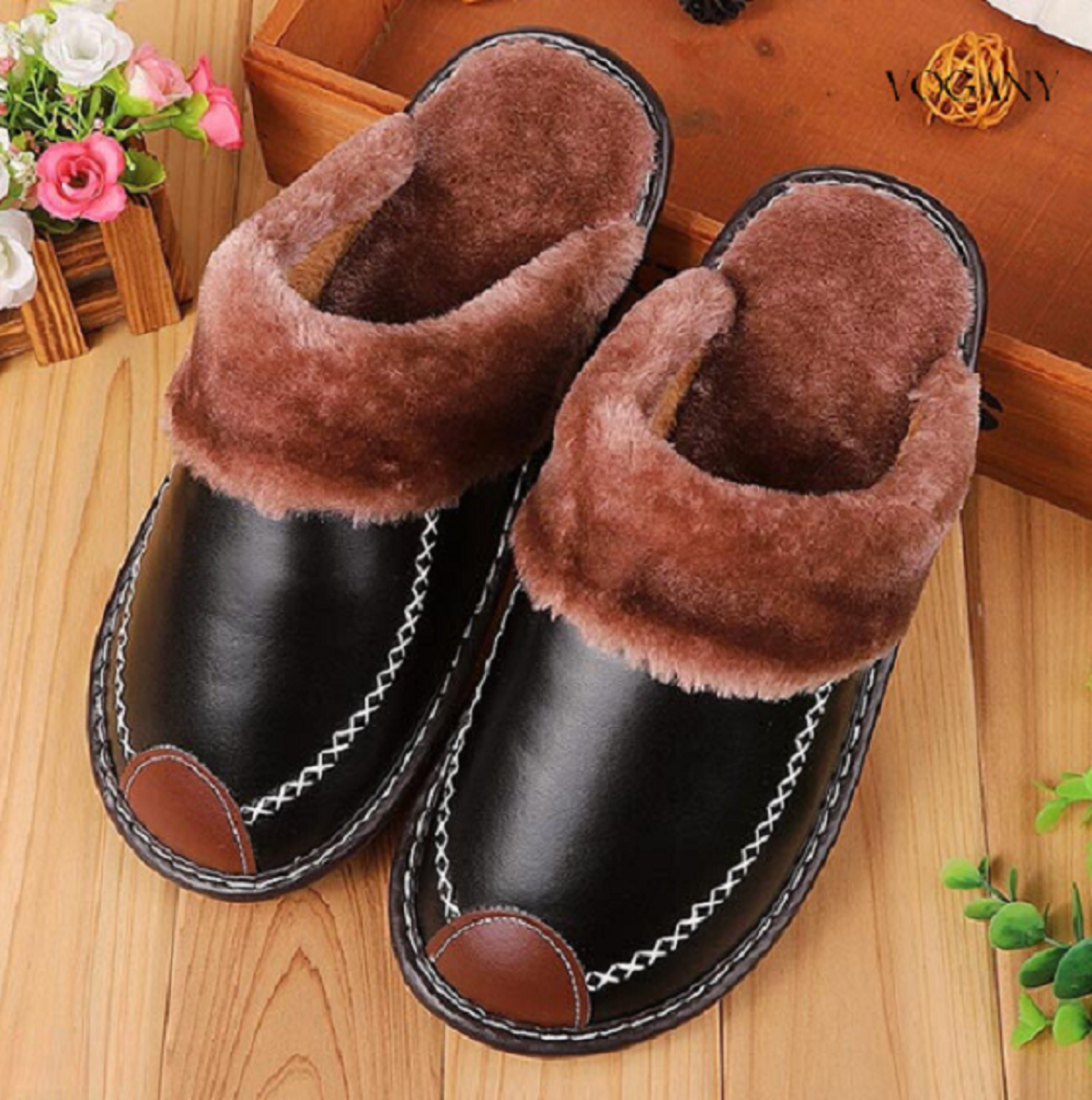 Men's Winter Warm Thick Plus Velvet Leather Slippers