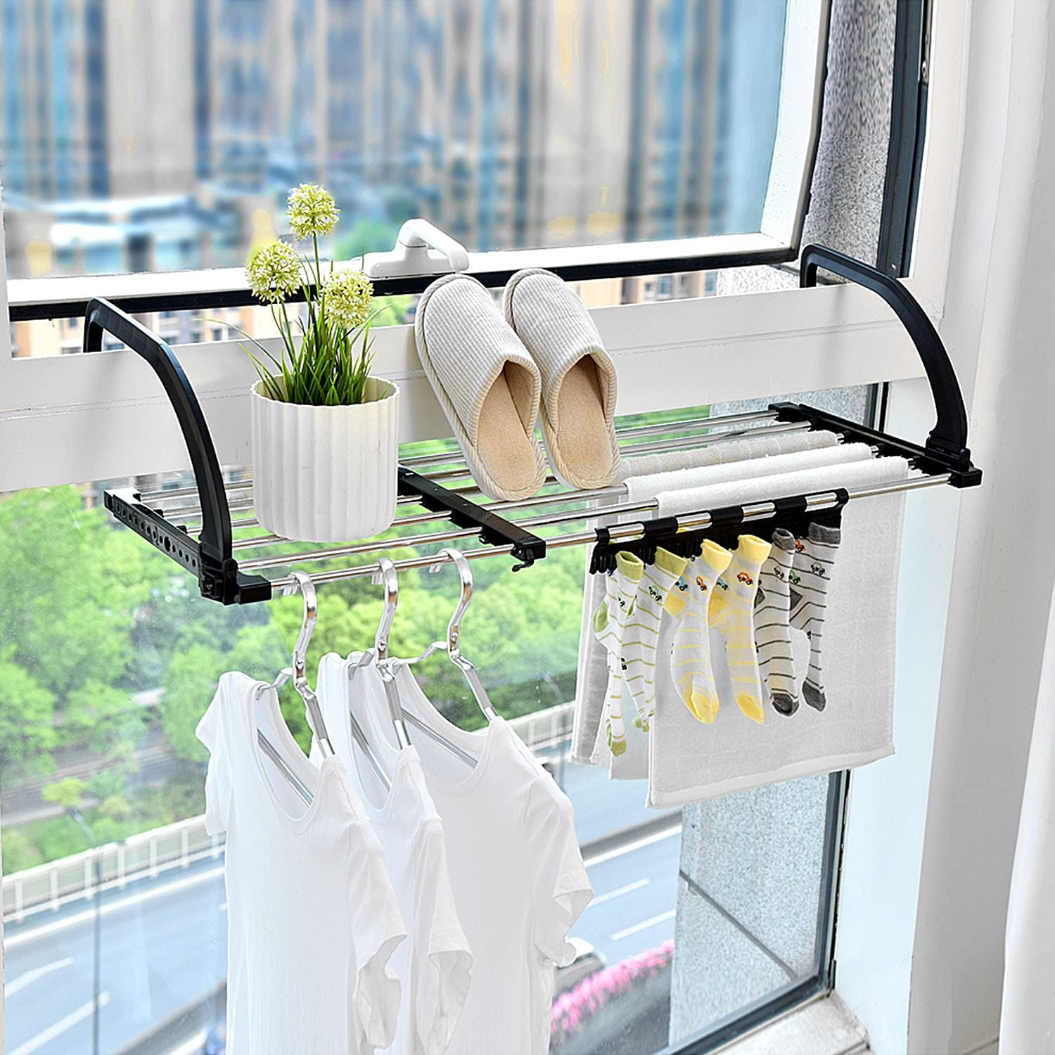 Portable Folding Balcony Drying Rack - Retractable with Sock Clips