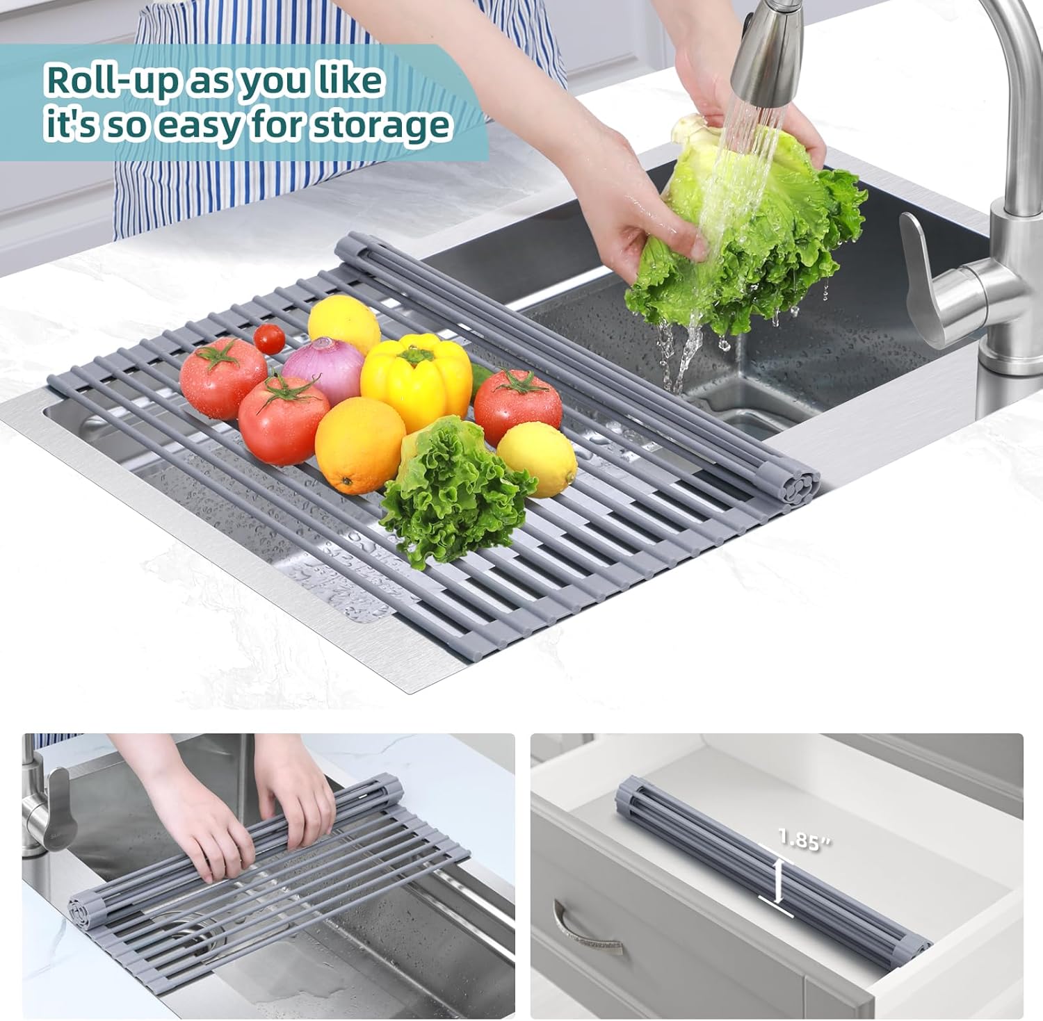 Stainless Steel Folding Dish Drying Rack - Over-Sink Roll-Up Drain Pad and Heat-Resistant Mat