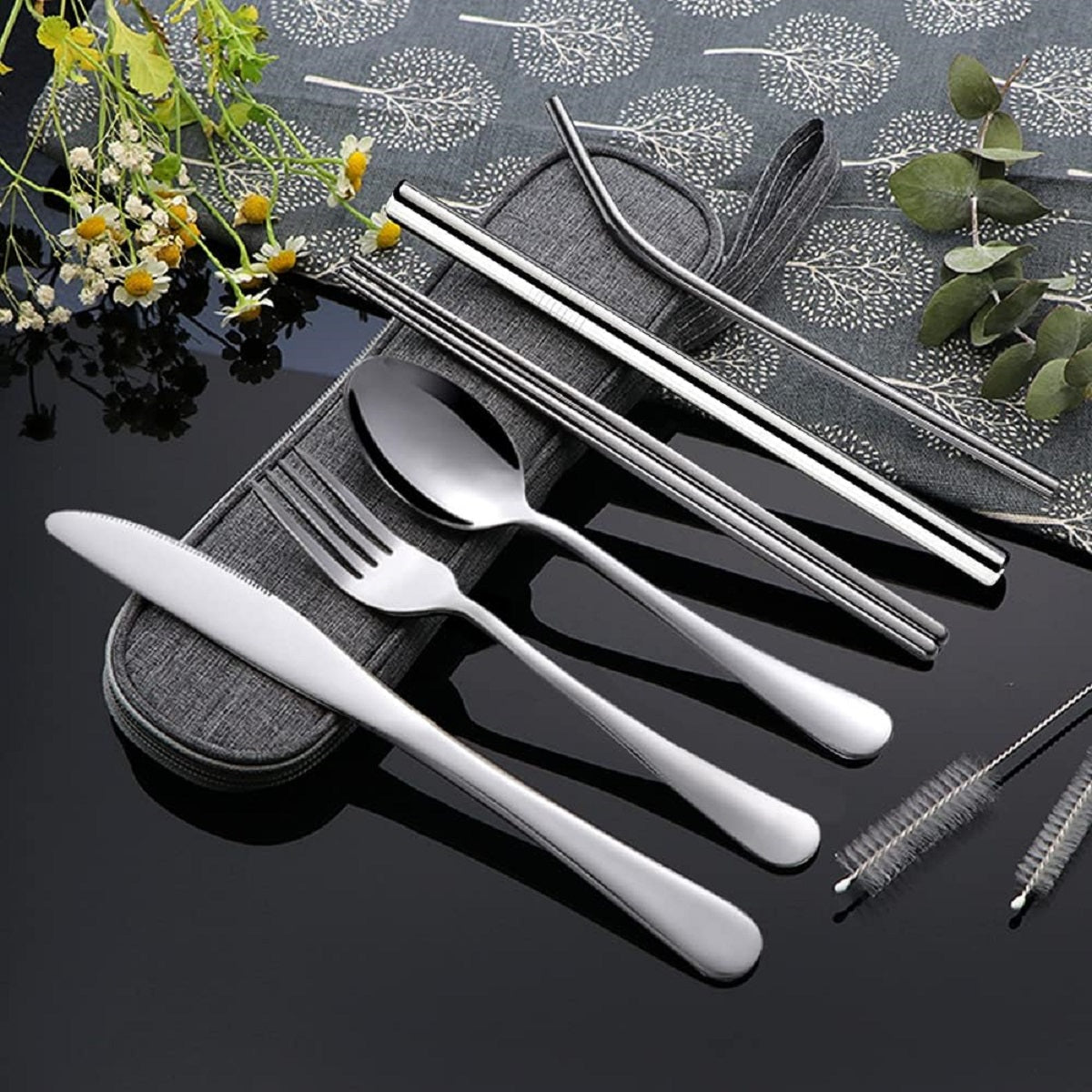 8pcs Reusable Travel Cutlery with Case Stainless Steel Camping Flatware Set