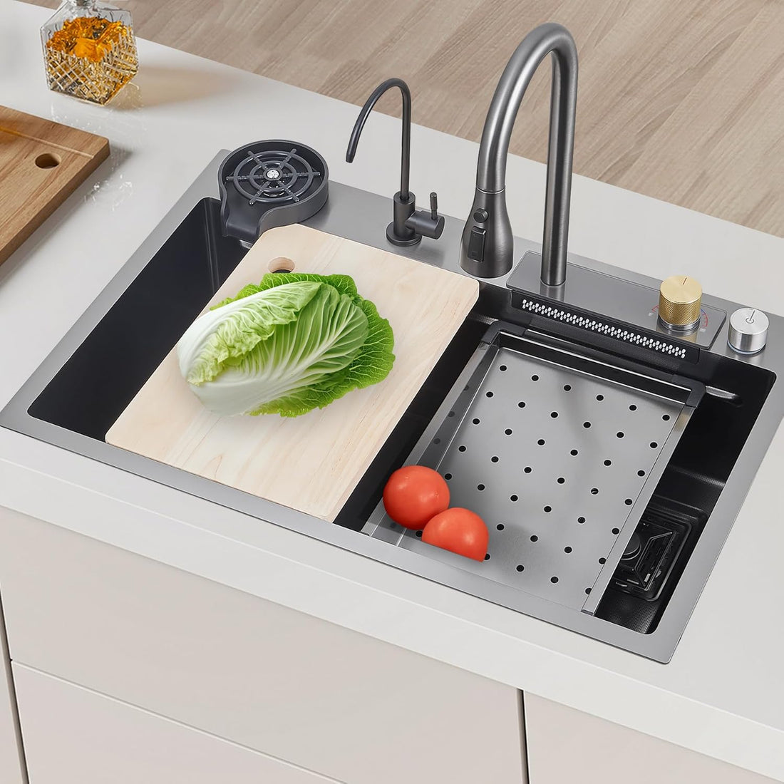 Stainless Waterfall Kitchen Sink - Single Bowl with Integrated Faucet Soap and Cup Washer