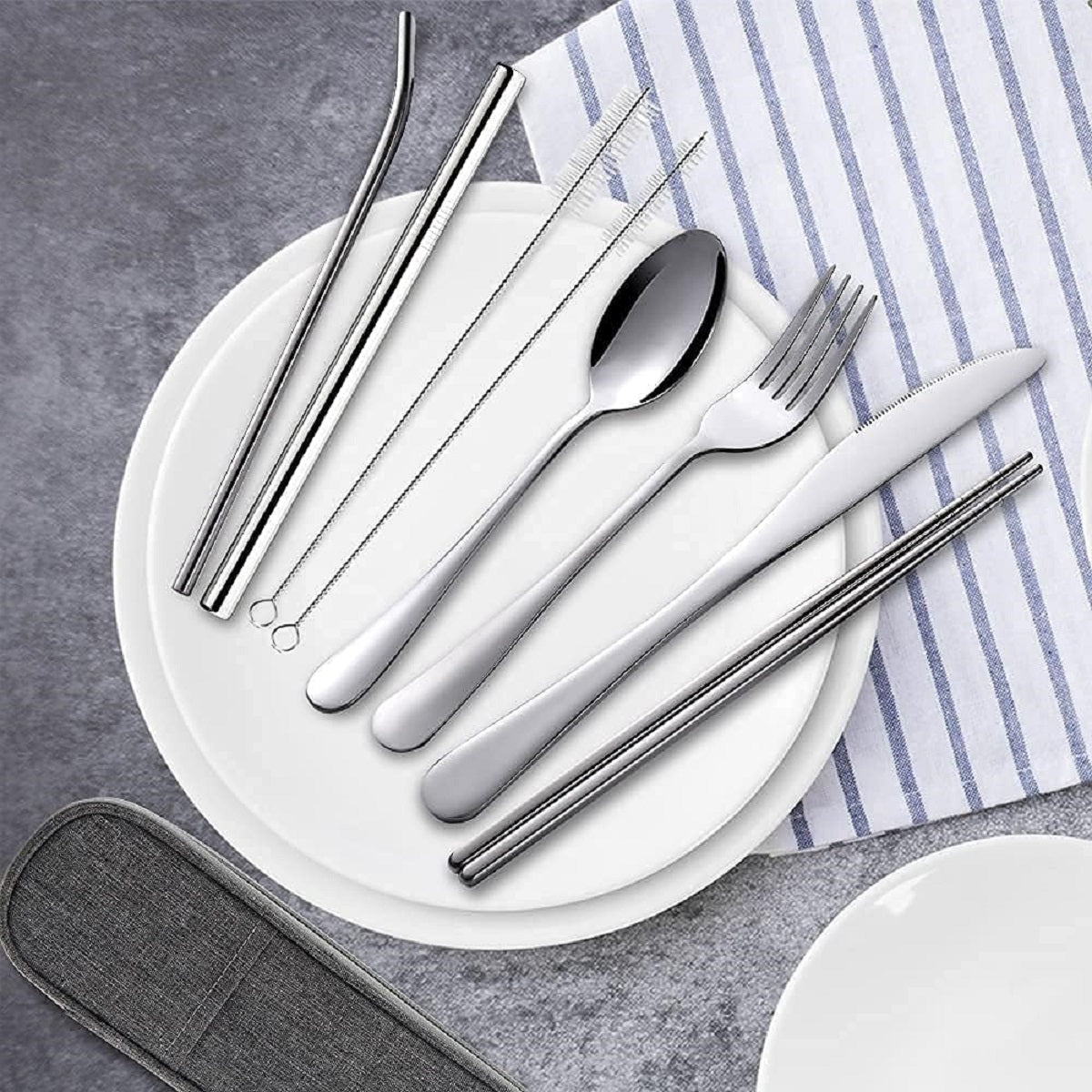 8pcs Reusable Travel Cutlery with Case Stainless Steel Camping Flatware Set