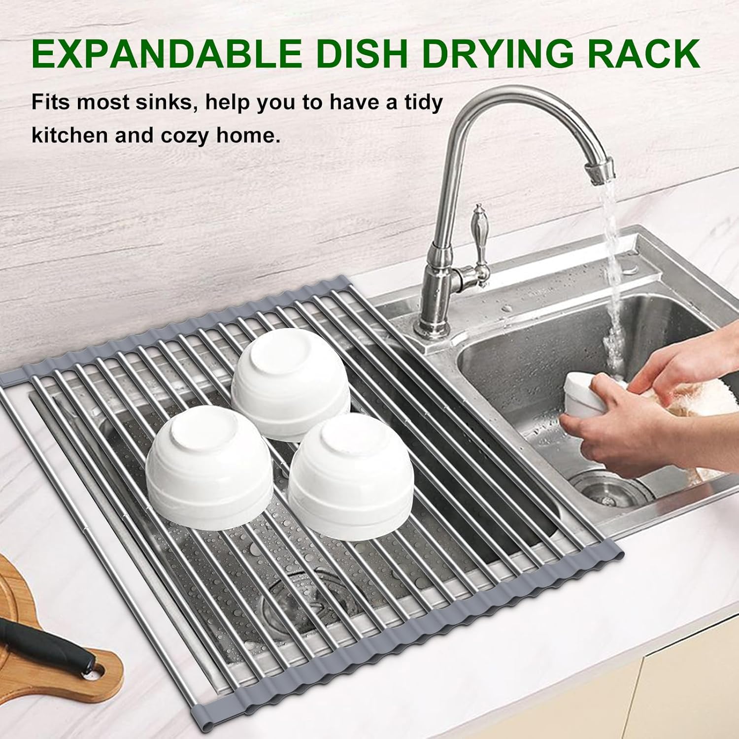 Stainless Steel Folding Dish Drying Rack - Over-Sink Roll-Up Drain Pad and Heat-Resistant Mat