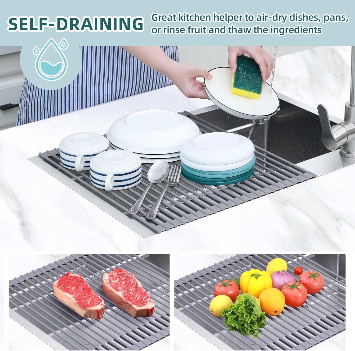 Stainless Steel Folding Dish Drying Rack - Over-Sink Roll-Up Drain Pad and Heat-Resistant Mat