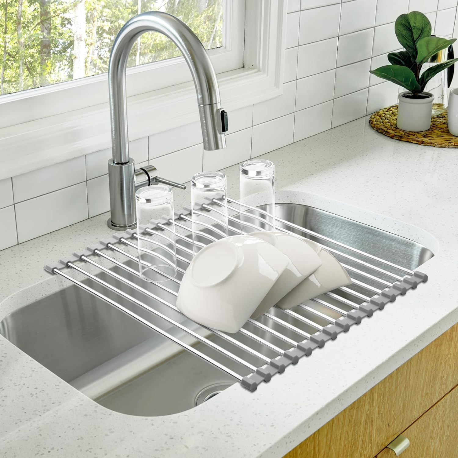 Stainless Steel Folding Dish Drying Rack - Over-Sink Roll-Up Drain Pad and Heat-Resistant Mat