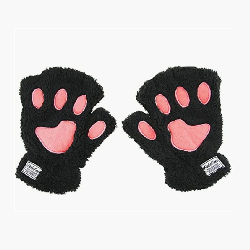 Women's Warm Half Finger Plush Gloves Cute Bear Cat Dog Paw