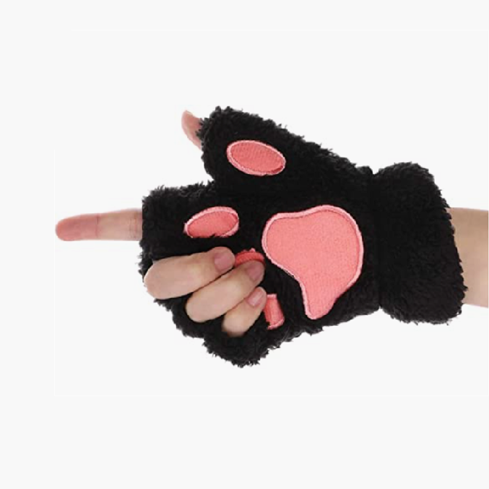 Women's Warm Half Finger Plush Gloves Cute Bear Cat Dog Paw