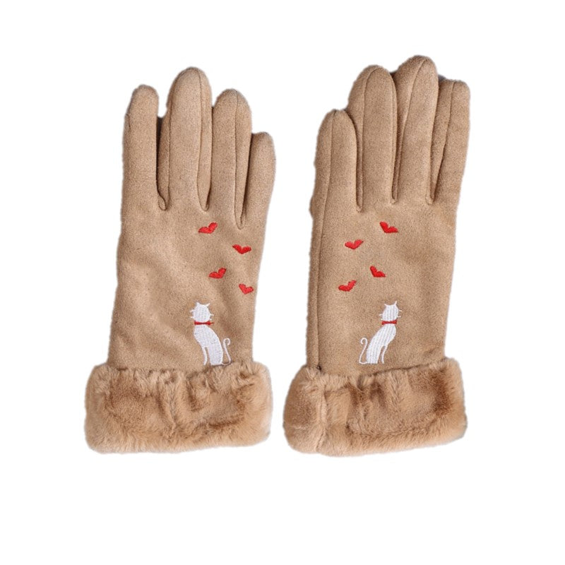 Touch Screen Female Suede Furry Warm Full Finger Gloves