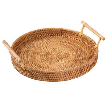 Rattan Round Serving Trays with Wooden Handles