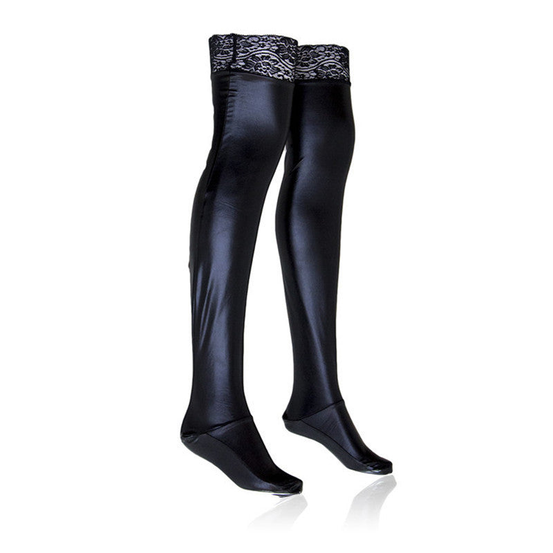 Black Faux Leather Thigh High Women's Long Stockings Plus Size Leg Warmers