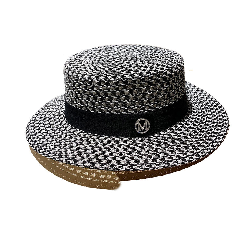 Round Flat Top Straw Beach Hat Lady Boater Sun Caps