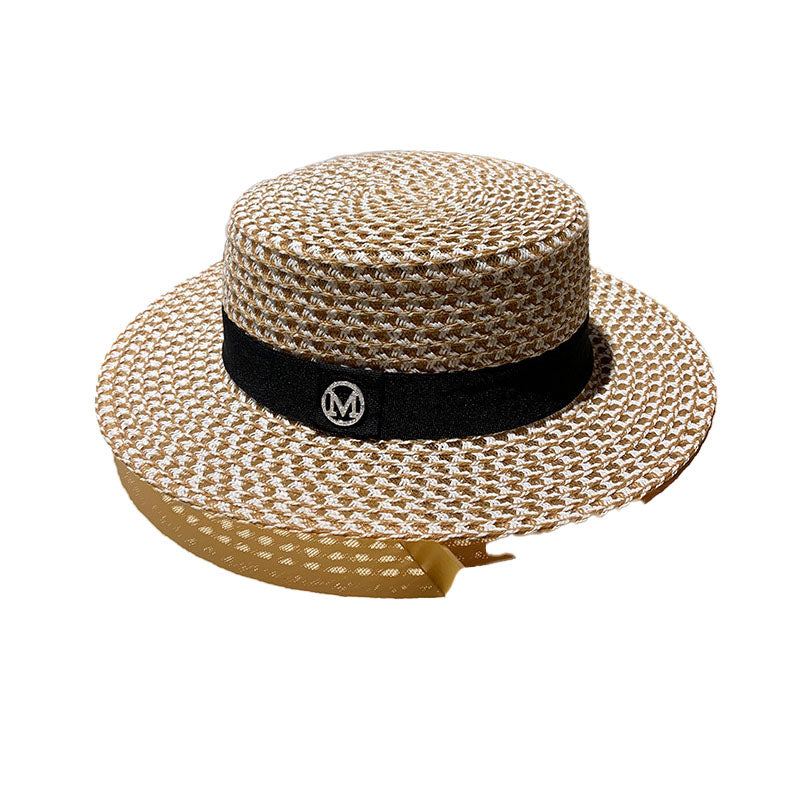 Round Flat Top Straw Beach Hat Lady Boater Sun Caps
