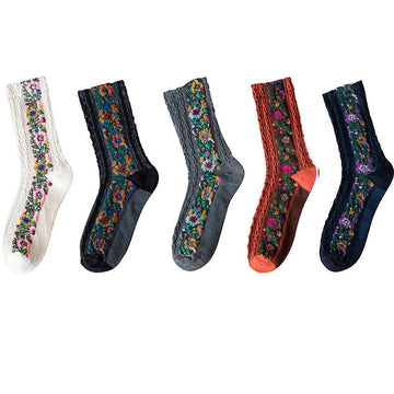 5 Pairs Retro Ethnic Flower Style Women's Crew Socks Set