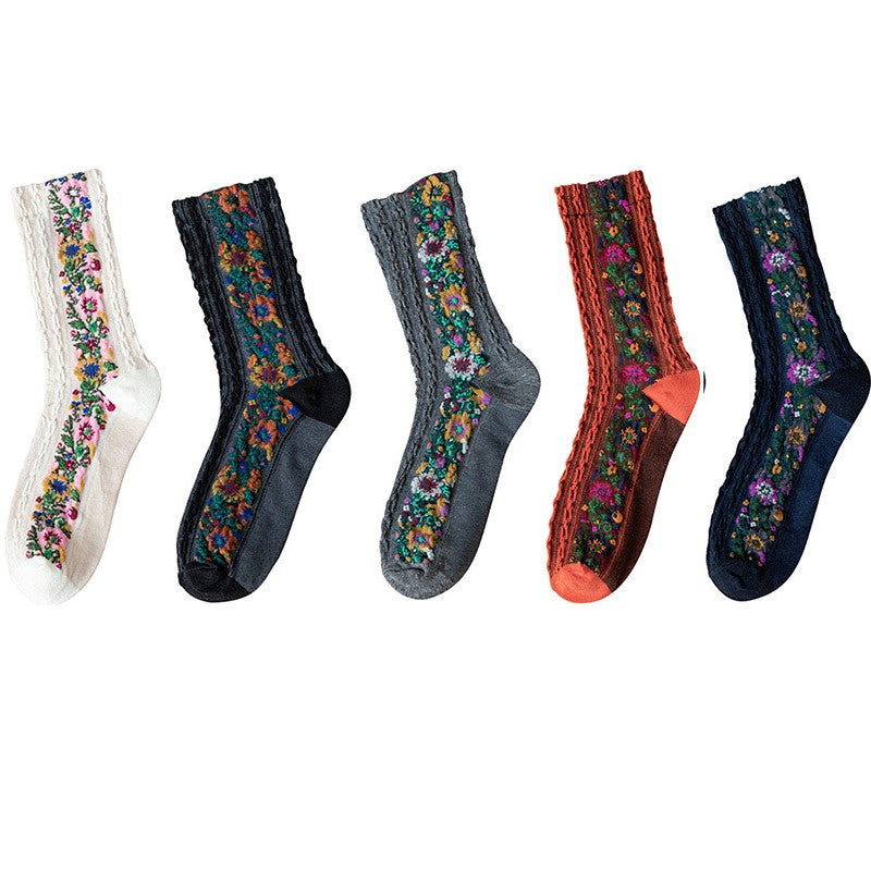 5 Pairs Retro Ethnic Flower Style Women's Crew Socks Set