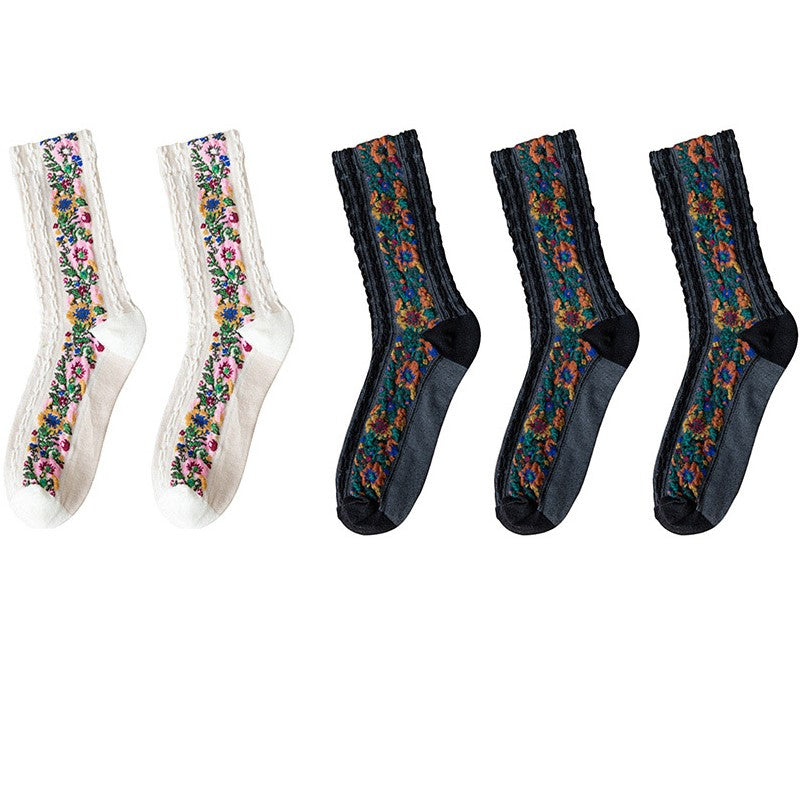 5 Pairs Retro Ethnic Flower Style Women's Crew Socks Set