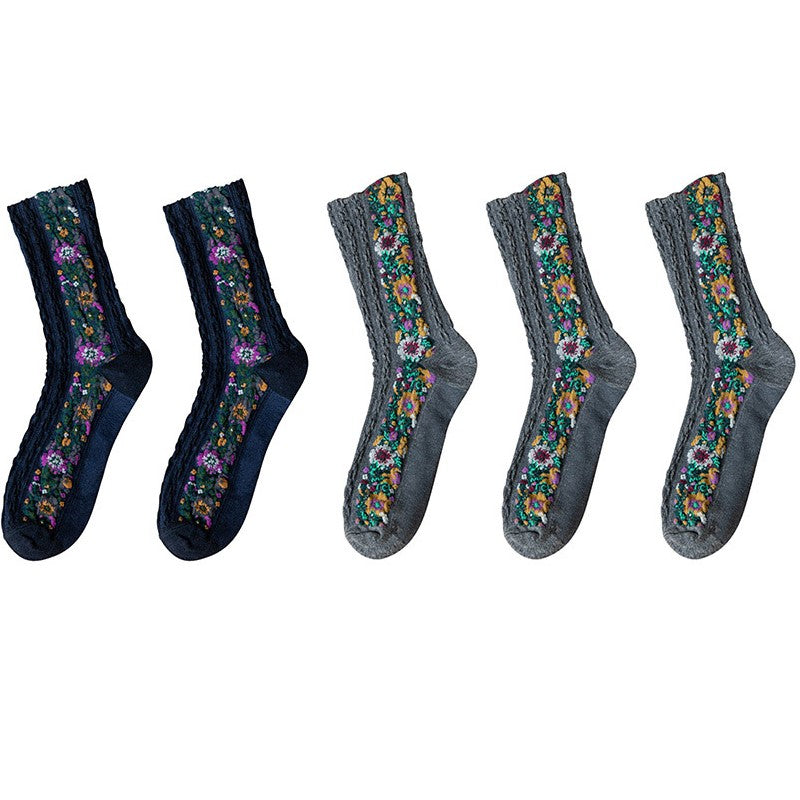 5 Pairs Retro Ethnic Flower Style Women's Crew Socks Set