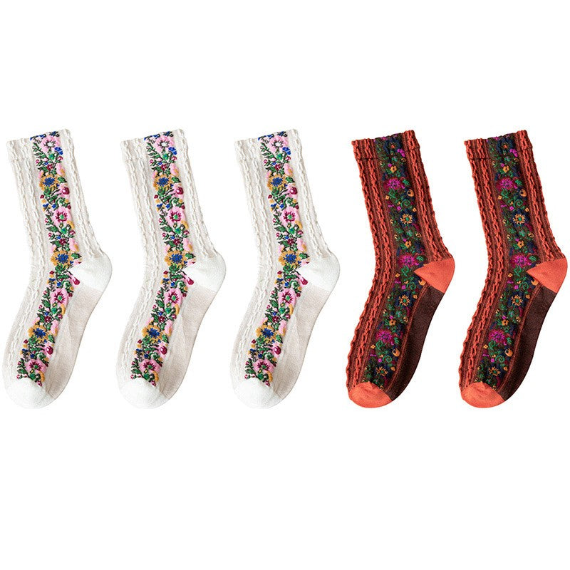 5 Pairs Retro Ethnic Flower Style Women's Crew Socks Set