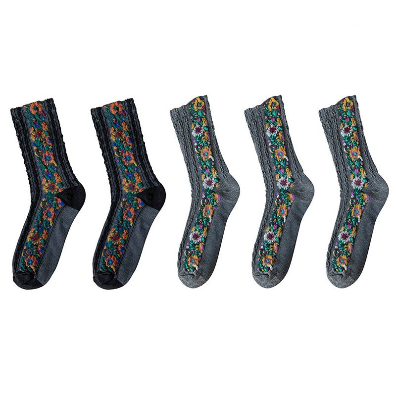 5 Pairs Retro Ethnic Flower Style Women's Crew Socks Set
